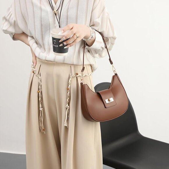 Brown vegan leather shoulder bag with multiple styles, 9.8x5.5x2.5 inches - Picture 7 of 7